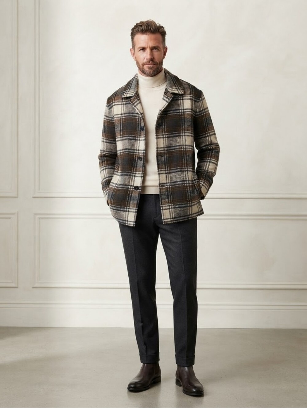 Todd Snyder Plaid Shirt Jacket in Brown, Cream and Black